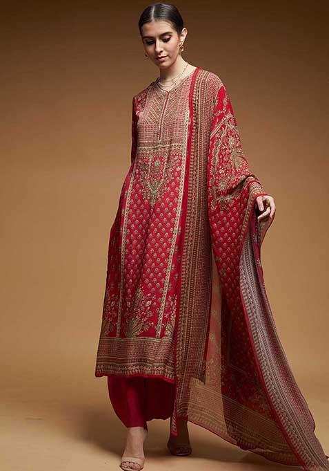 Red Printed Rhinestones Work Bamberg Crepe Long Kurta Set