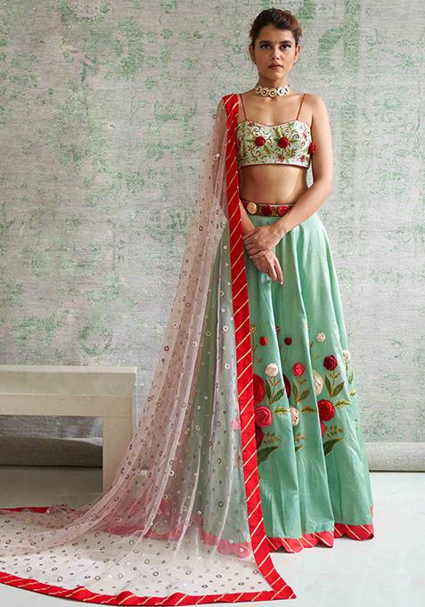 Green Mirror Embroidered Bouquet Lehenga Set