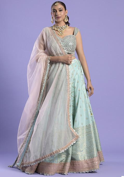 Powder Blue Mirror Work Banarasi Silk Lehenga Set