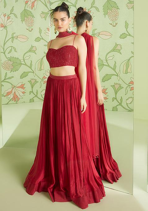 Cherry Red 3D Embroidered Lehenga Set