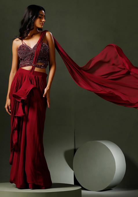 Wine Sequin Embroidered Draped Saree