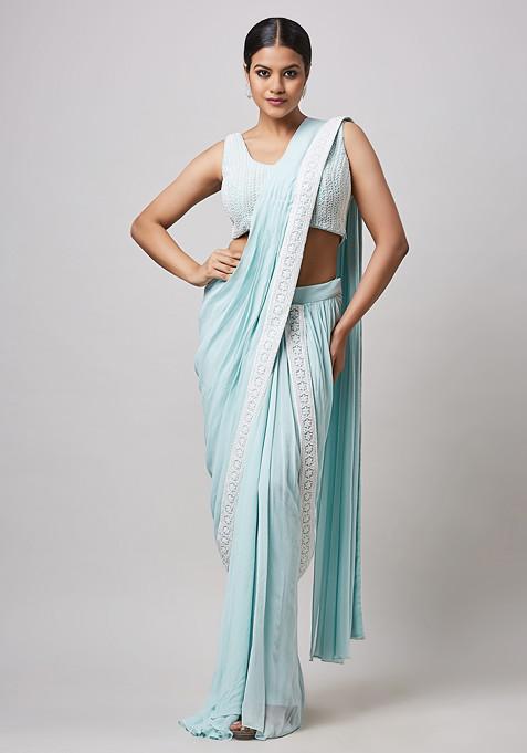 Sea Green Hand Embroidered Pre-Draped Saree Set