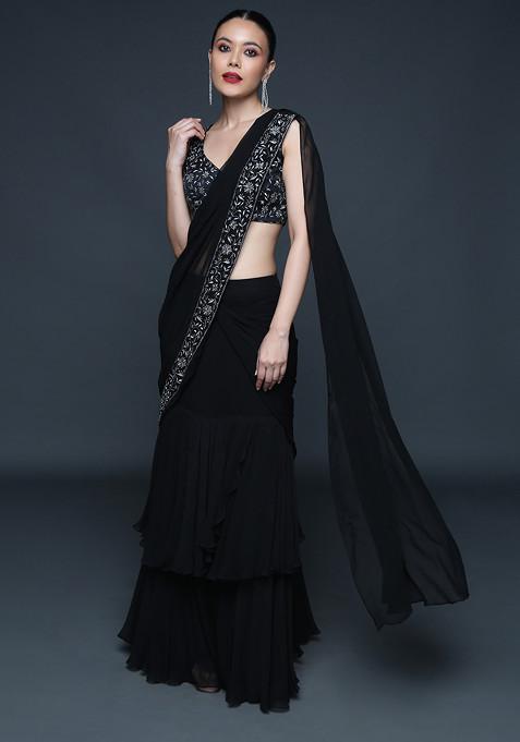 Black Cutdana Embroidered Pre-Draped Saree Set