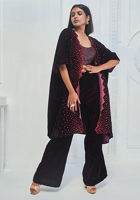 Wine Embroidered Velvet Alice Kaftan