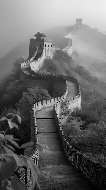 Foto grátis cena em preto e branco da grande muralha da china