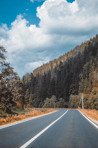 Foto grátis foto vertical de uma estrada de asfalto vazia através de montanhas sob um céu nublado