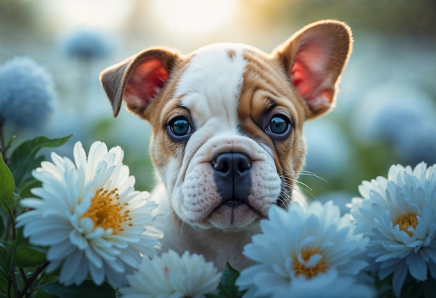 Foto grátis retrato adorável de animal de estimação cercado de flores