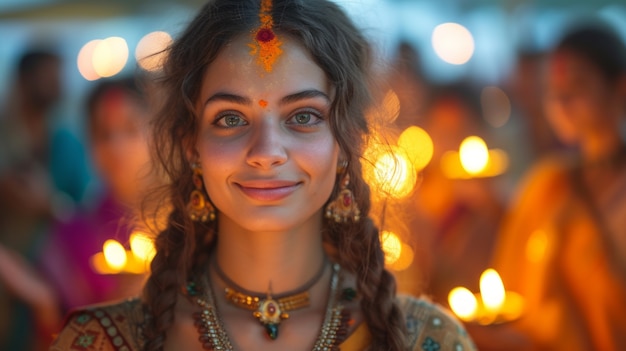 Foto grátis retrato de cores vivas de uma mulher na celebração do navratri