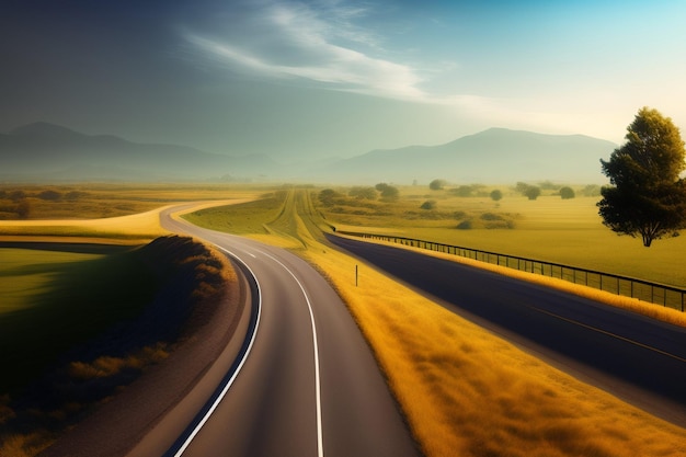 Foto grátis uma estrada com um campo e montanhas ao fundo