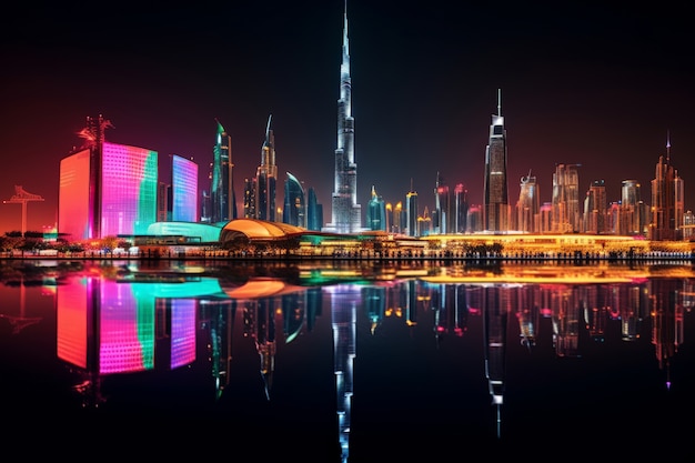 Foto grátis vista panorâmica da cidade de dubai iluminada em um espectro de néon