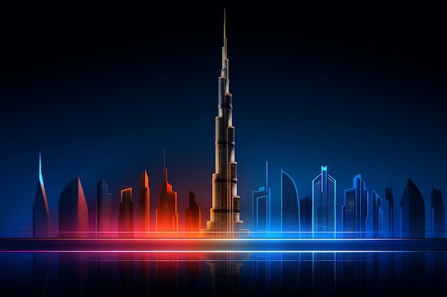 Foto grátis vista panorâmica da cidade de dubai iluminada em um espectro de néon