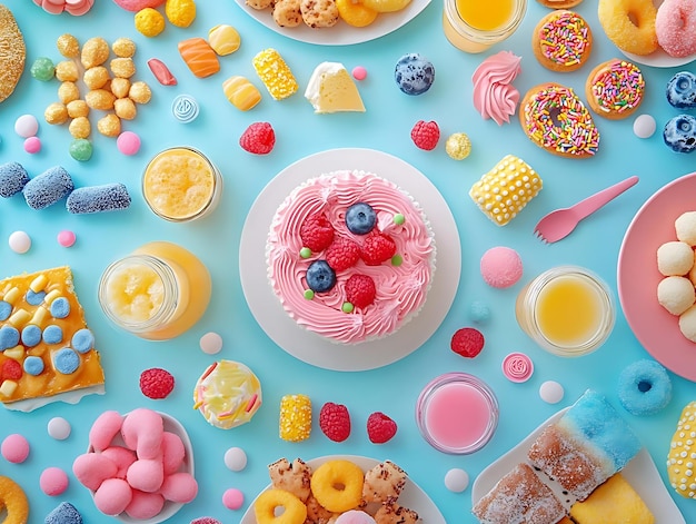 Foto alimentação e bebidas coloridas para festas ilustração flat lay