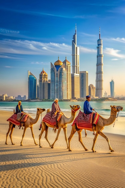 Foto camelos passando por uma praia de dubai jumeirah