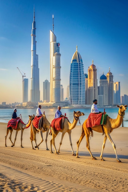 Foto camelos passando por uma praia de dubai jumeirah