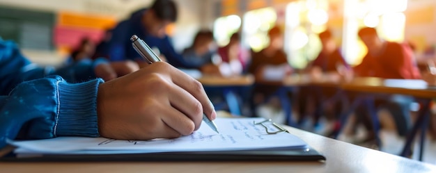 Foto close-up de um estudante escrevendo à mão em papel com caneta em uma sala de exames, um estudante fazendo um exame escolar