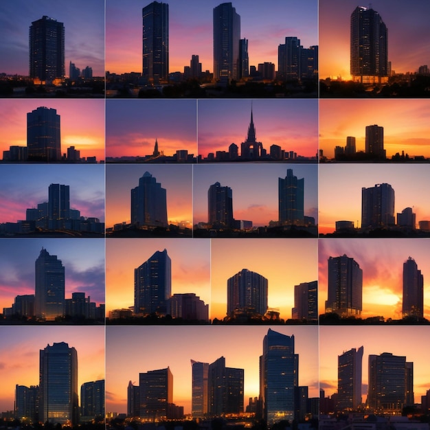 Foto colagem de silhueta de um edifício durante o pôr do sol