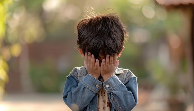 Foto criança cobrindo o rosto com as mãos ao ar livre durante o dia