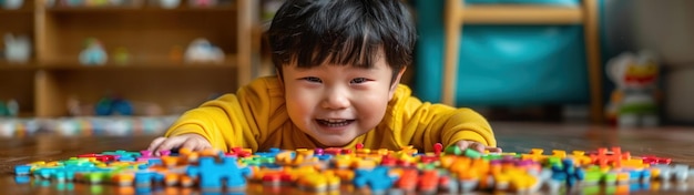 Foto criança pequena brincando com muitas figuras de brinquedo