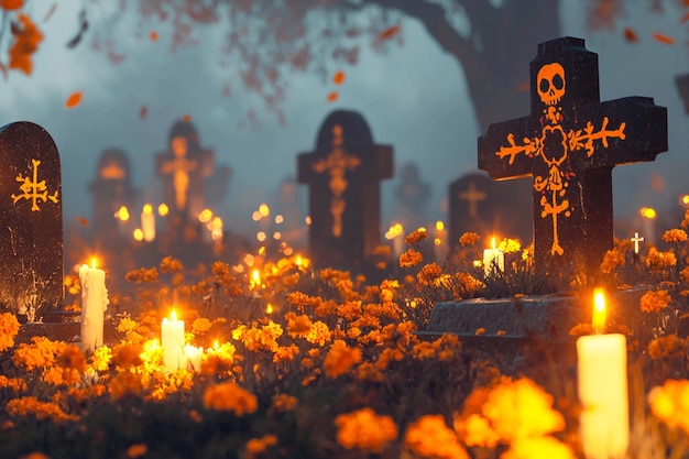 Foto escena do cemitério dia de los muertos com decoração