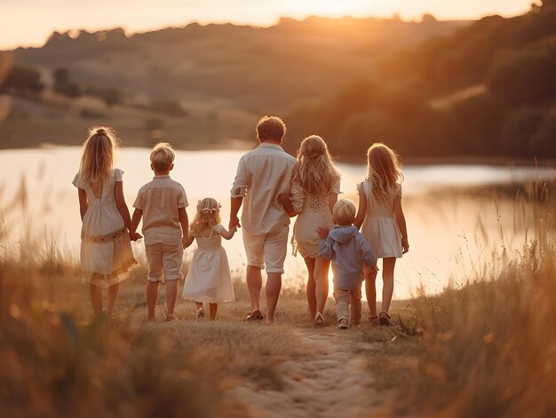 Foto família com crianças andando de mãos dadas na colina gramada com vista para o lago