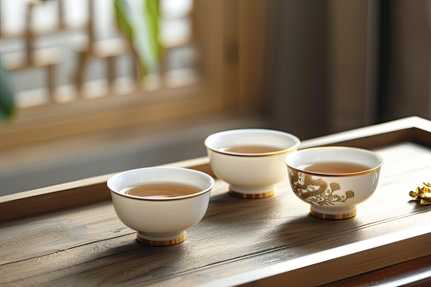 Foto gaiwan de porcelana três xícaras de chá chinês e sapo dourado na mesa de chá