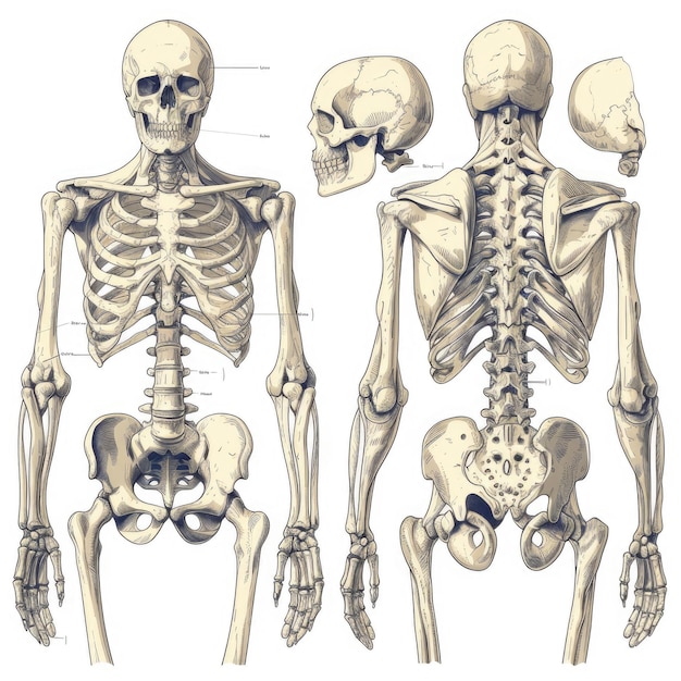 Foto genera una ilustracion detallada y anatomicamente precisa del esqueleto humano destacando la complej