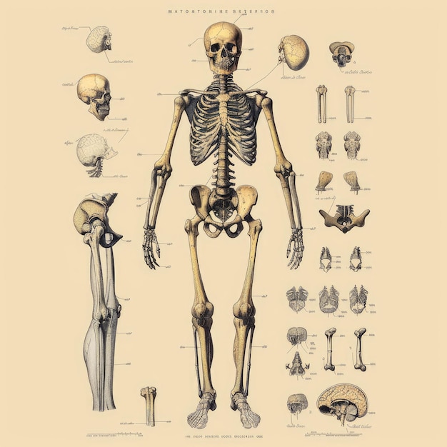 Foto genera una ilustracion detallada y anatomicamente precisa del esqueleto humano destacando la complej