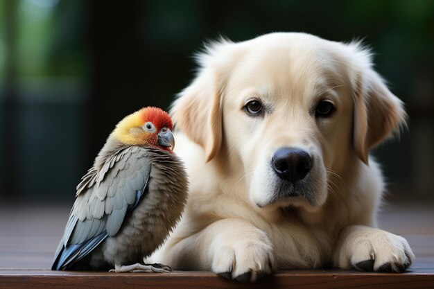 Foto golden retriever puppy de 7 semanas de idade deitado com um periquito periced em seu ia generativo pesado