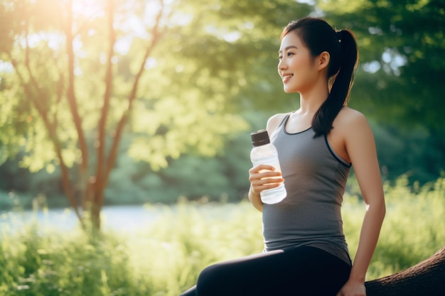 Foto jovem ativa asiática grávida fazendo uma pausa de exercícios ao ar livre bebendo água de reusa