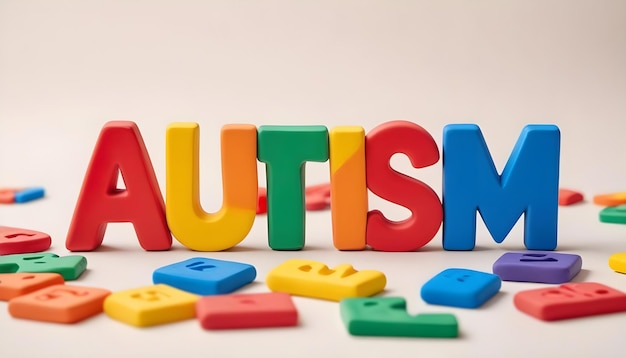 Foto letras plásticas coloridas que soletram o autismo cercadas por outros elementos como quebra-cabeças, letras e formas