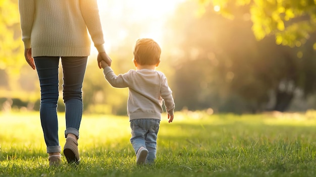 Foto mãe e filho andando de mãos dadas por um parque ao pôr do sol