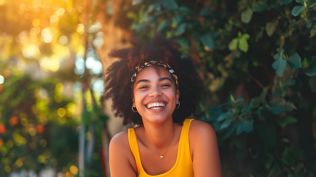 Mulher negra de cabelo afro com Sorriso Radiante