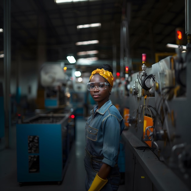 Operaria confiante em um ambiente industrial vestindo oculos de seguranca e uniforme de trabalho