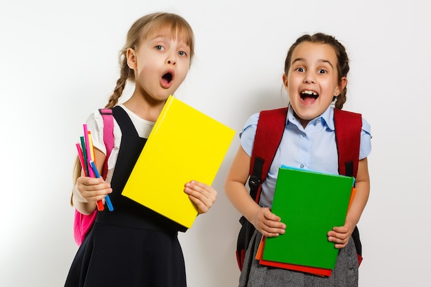 Retrato de duas pessoas, bonito, encantador, encantador, sonhador, atraente, alegre, pré-adolescente, irmãos, mostrando de lado o espaço de cópia de promoção de anúncio isolado fundo