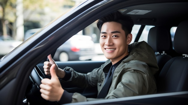 Foto retrato de um jovem asiático mostrando os polegares para cima enquanto dirige um carro olhando para a câmera