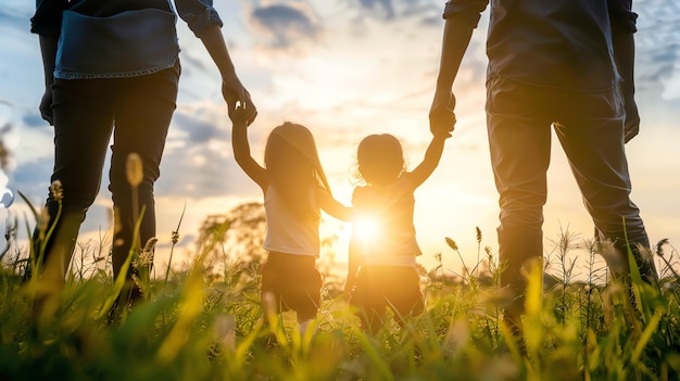 Foto silhuetas de uma família andando de mãos dadas por um campo ao pôr-do-sol