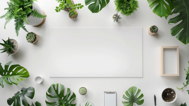 Foto um cartaz com uma planta verde e um fundo branco com um cartão em branco para uma planta verde