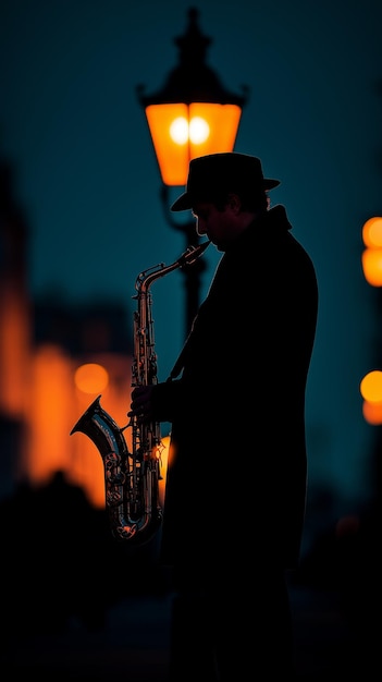 Foto um homem está tocando saxofone no escuro.