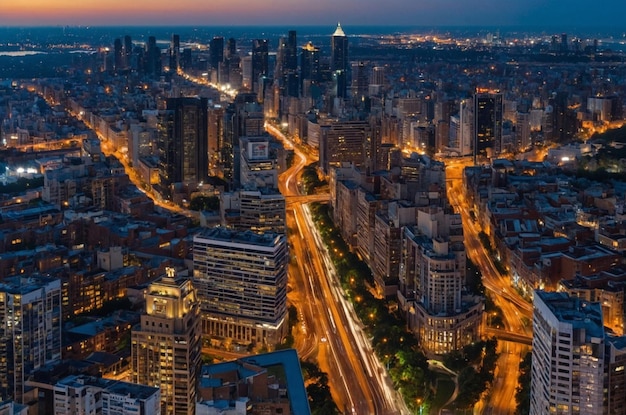 Foto um horizonte da cidade com um edifício alto e uma rua com um edificio alto no meio