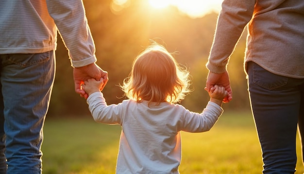 Foto um pai e um filho de mãos dadas no pôr-do-sol.