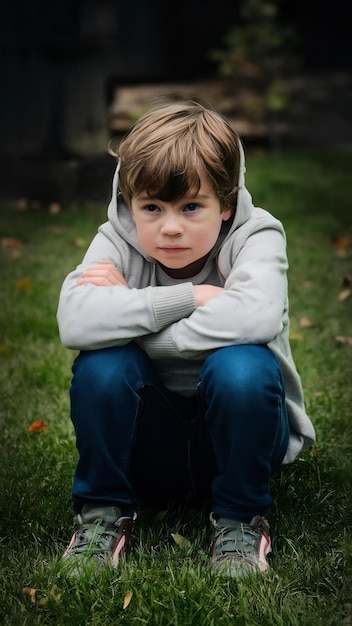 Foto um retrato de uma criança triste e deprimida