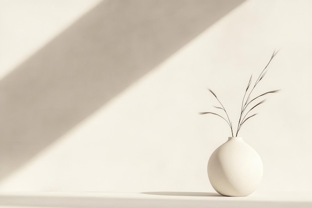 Foto um único galho de grama seca em um vaso branco contra um fundo branco com uma sombra