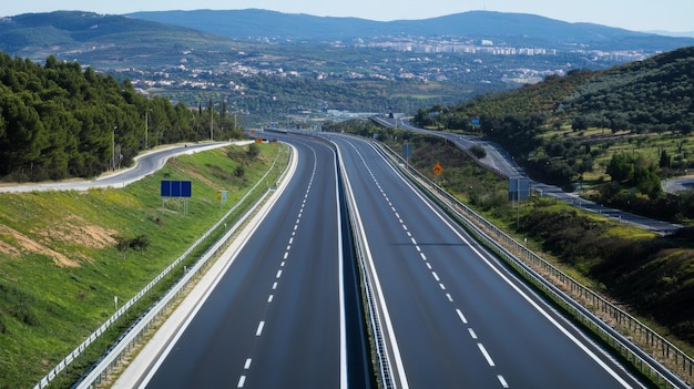 Foto uma auto-estrada com marcas claras de faixas e sinais de trânsito em um cenário de colinas onduladas ou paisagem urbana que se concentra no projeto e layout ordenados da estrada