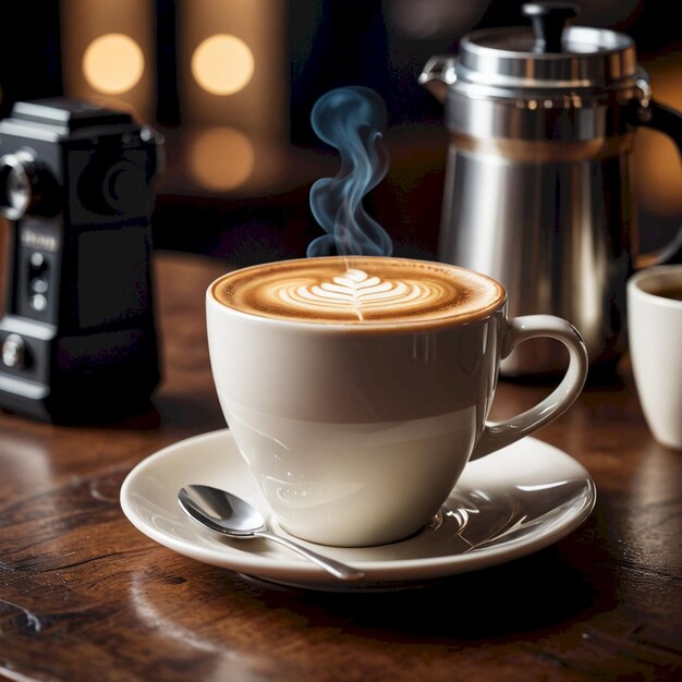 Foto uma chávena de cappuccino com uma colher em um prato