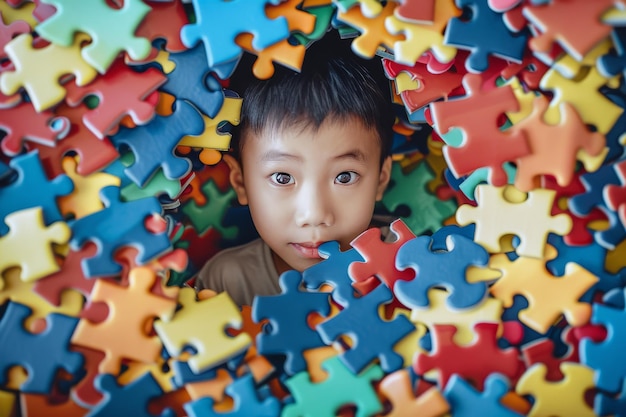 Foto uma criança adorável espreita através de um mar colorido de peças de quebra-cabeça celebrando o dia mundial de conscientização sobre o autismo com um senso de curiosidade e alegria