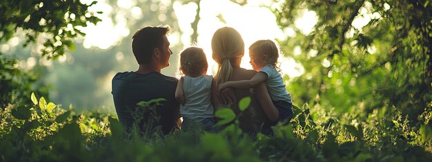 Foto uma família senta-se na relva ao sol