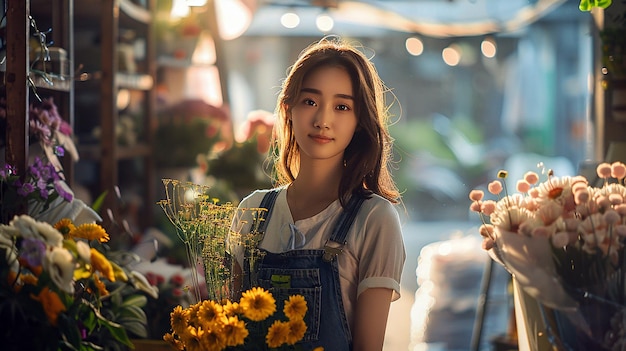 Foto uma mulher de avental com flores na frente dela