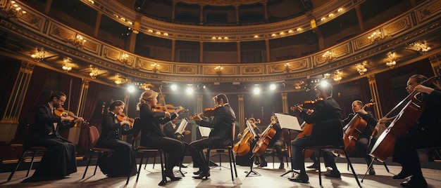 Foto uma orquestra de músicos se apresentando no palco de um grande teatro iluminado por uma iluminação quente e elegante