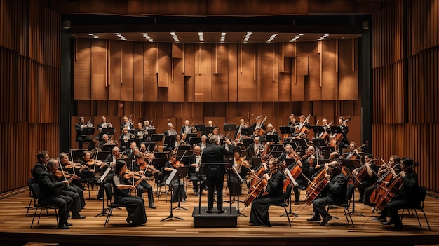 Foto uma orquestra sinfônica tocando no palco de uma sala de concertos moderna