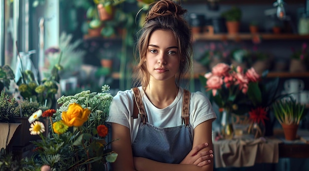 Foto uma rapariga com uma flor no cabelo.